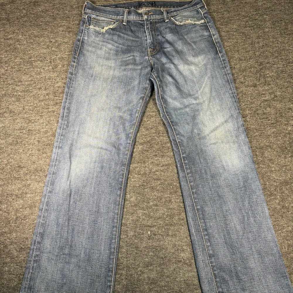 Lucky‎ Brand 361 Vintage Straight Mens 34 Distressed Medium Wash Jeans Raw Hem